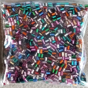 20g, 2mm bugle beads, silverlined mixed