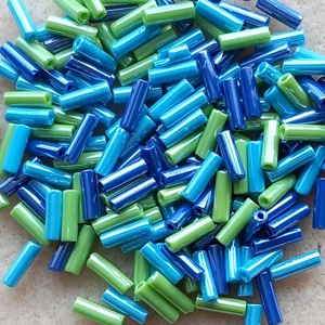 20g 7mm bugle beads, opaque blue, green mix
