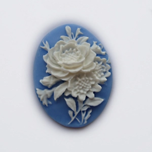 Flowers cameo, 40mm x 30mm, blue and ivory.