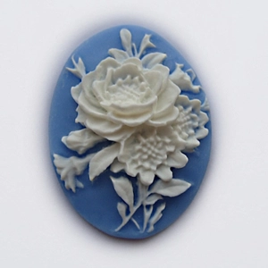Flowers cameo, 40mm x 30mm, blue and ivory.