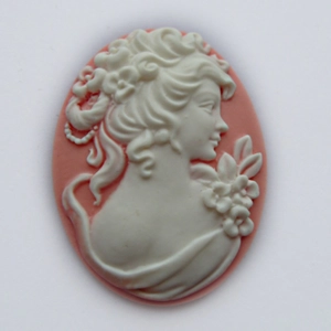 ladies head cameo, 40mm x 30mm, peach and ivory.