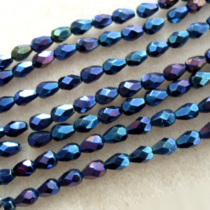 Strand of 25 teardrop faceted crystal beads, blue iris, 7x5mm