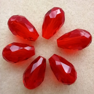 6 faceted crystal drop beads, red, 16mm x 10mm