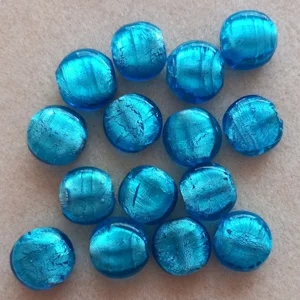 15, 15mm foil lined coin beads, light turquoise blue