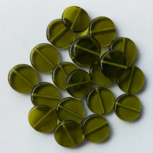 20, flat round european glass beads, 12mm, olive green