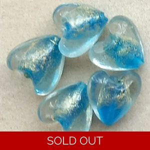 5 heart beads, 20mm, aqua, clear, light gold