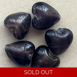 5 heart beads, 20mm, foil lined dark purple