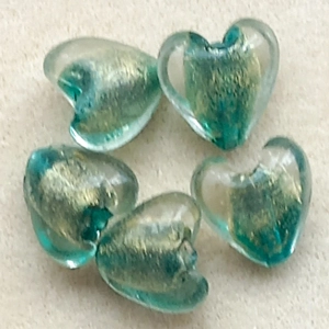 5 heart beads, 20mm, turquoise green, clear, light gold