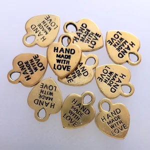 10 hand made with love charms, hearts,gold plated, 15 x 11mm