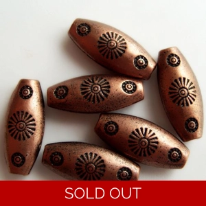 6 large metal oval beads, 21mm, flower embossed, antique copper.