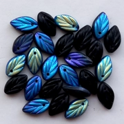 25 glass leaf beads, black ab