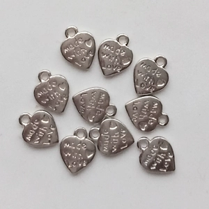 10 made with love, silver plated heart charms, 12mm x 10mm