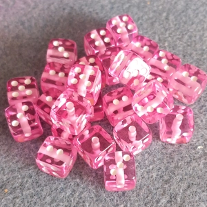 25 dice beads, 9mm cube, pink.