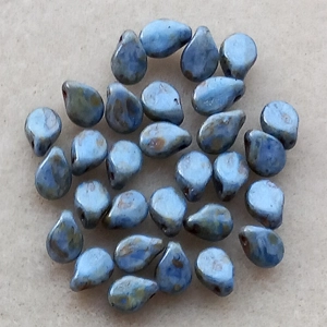 30 pip beads, small glass drops, alabaster blue picasso, 5mm x 7mm