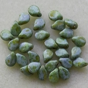 30 pip beads, small glass drops, alabaster green picasso, 5mm x 7mm