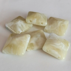 6 square resin beads, 2 hole, cream light green, 24mm x 24mm x 10mm