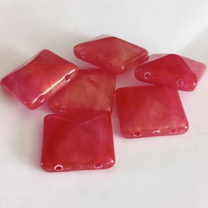 6 square resin beads, 2 hole, pink, 24mm x 24mm x 10mm