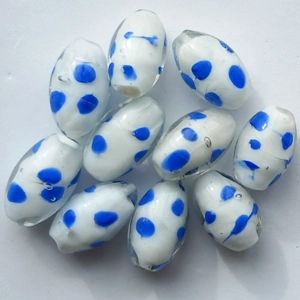 10 spotty oval beads, white and blue, 23mm x 19mm