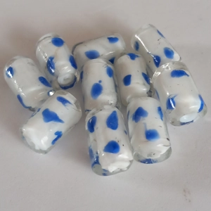 10 spotty tube beads, white and blue, 17mm x 10mm