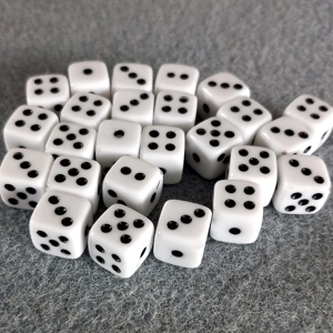 25 dice beads, 9mm cube, white with black dots