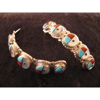 Zuni Sunface Post Earrings with Turquoise,Coral,Jet & M.o.P. by Elliott Bowekaty Jr.