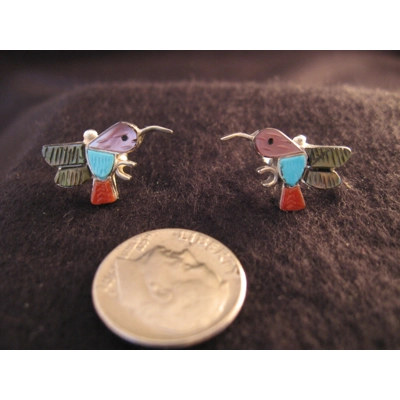 Silver Hummingbird Post Earrings with Turquoise, Coral & Shell by Sharon Natewa