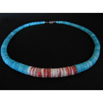 Santo Domingo Heishe Necklace  18"Long Turquoise and Spiny Oyster