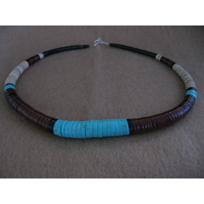 Santo Domingo Heishe Necklace  18" Long   Pipestone, Turquoise, Jet & Shell