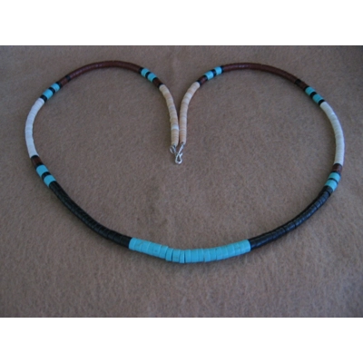 Santo Domingo Heishe Necklace 24" Long   Pipestone, Turquoise,Jet & Shell
