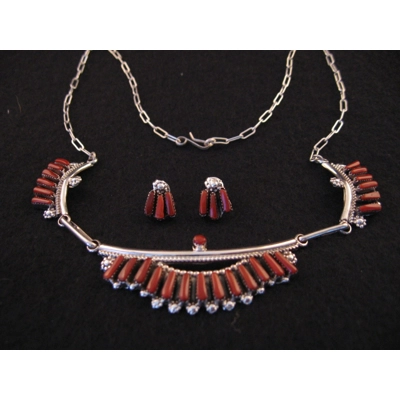 Coral  & Silver Necklace 18" Long   with Post Earrings by Charleen Hattie