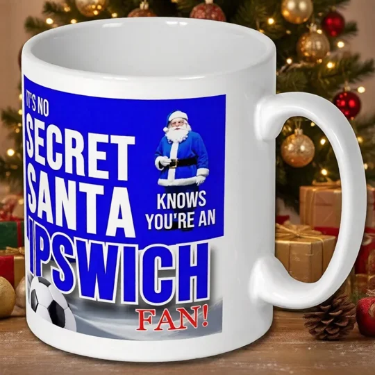 Ipswich Town-inspired Secret Santa Christmas gift mug with colourful football artwork