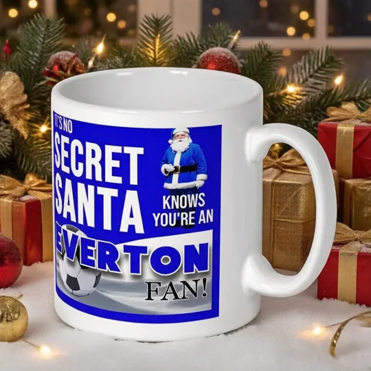 Everton-inspired Secret Santa Christmas gift mug with colourful football artwork