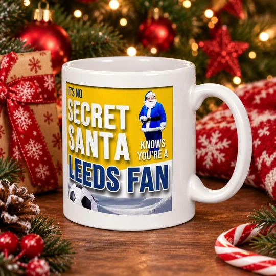 Leeds United-inspired Secret Santa Christmas gift mug with colourful football artwork