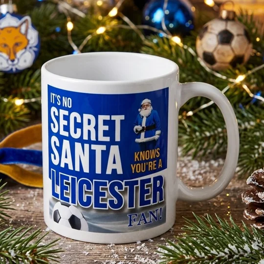 Leicester City-inspired Secret Santa Christmas gift mug with colourful football artwork