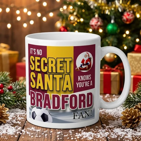 Bradford-inspired Secret Santa Christmas gift mug with colourful football artwork