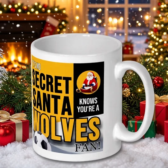 Wolves-inspired Secret Santa Christmas gift mug with colourful football artwork