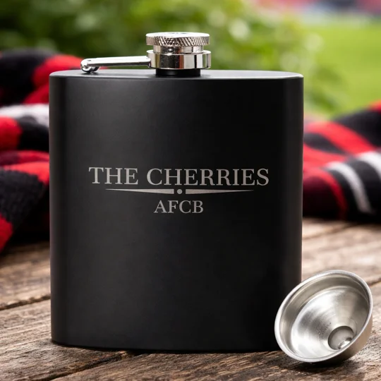 Bournemouth-inspired football hip flask with engraved design and gift box