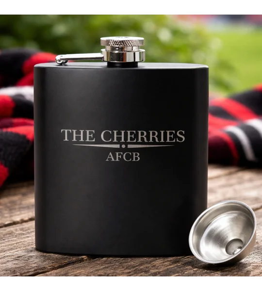 Bournemouth-inspired football hip flask with engraved design and gift box
