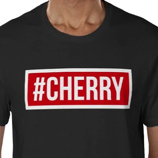 Bournemouth-inspired Cherry Hashtag fan T-shirt in black with colourful football design
