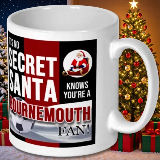 Bournemouth-inspired Secret Santa Christmas mug with colourful football-themed artwork for Cherries fans