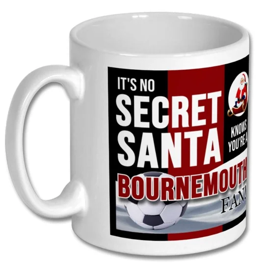 Bournemouth-inspired Secret Santa football fan gift mug, 10oz white ceramic-style mug with festive artwork
