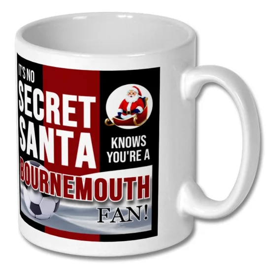White Bournemouth-inspired Christmas coffee mug featuring full-colour festive football art, ideal for an AFC Bournemouth supporter