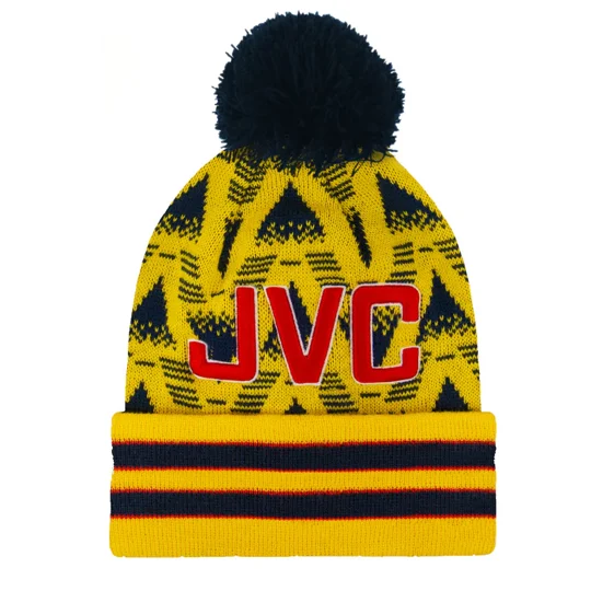 Arsenal-inspired Bruised Banana knitted football bobble hat showing its retro design and winter bobble