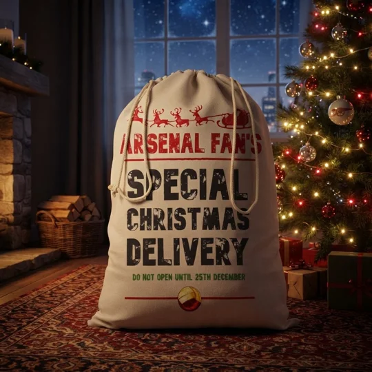 Arsenal-inspired football fan Christmas Santa sack in off-white cotton with colourful football-themed artwork.