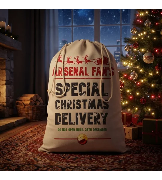 Arsenal-inspired football fan Christmas Santa sack in off-white cotton with colourful football-themed artwork.