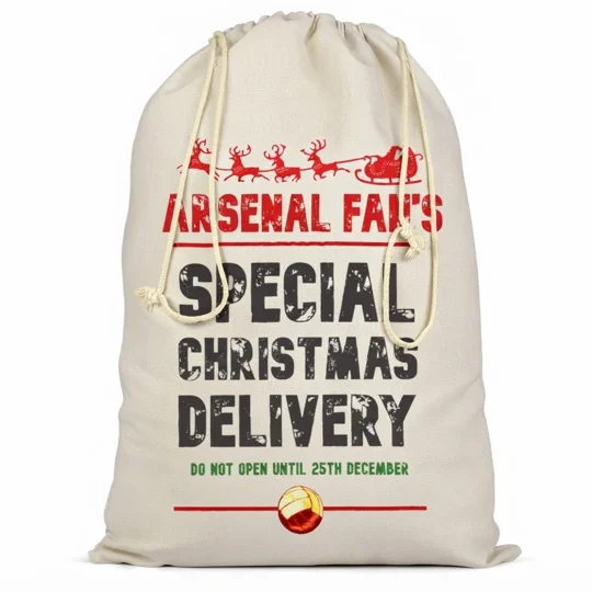 Large Arsenal-inspired Christmas Santa sack with full-colour design, cotton fabric and double drawcord closure.