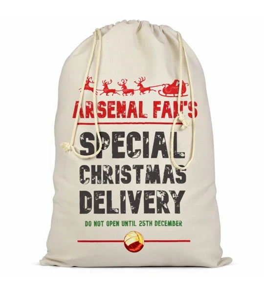 Large Arsenal-inspired Christmas Santa sack with full-colour design, cotton fabric and double drawcord closure.