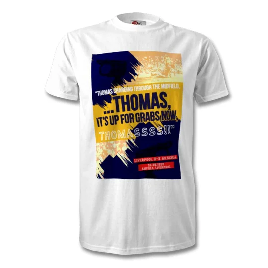 White cotton Arsenal-inspired football fan T-shirt featuring Michael Thomas tribute artwork and the iconic title-winning moment.