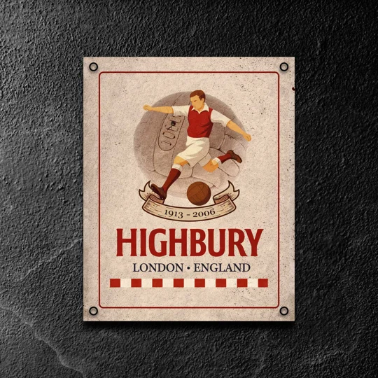 Arsenal-inspired Highbury retro metal sign displayed as football wall decor