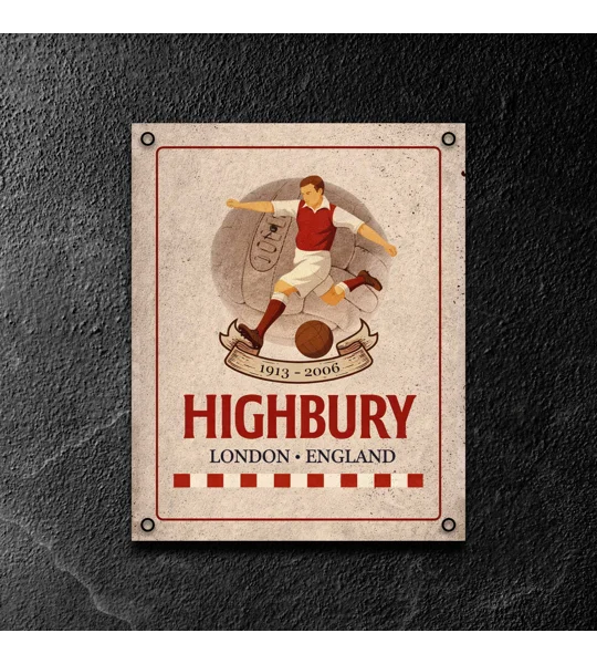 Arsenal-inspired Highbury retro metal sign displayed as football wall decor